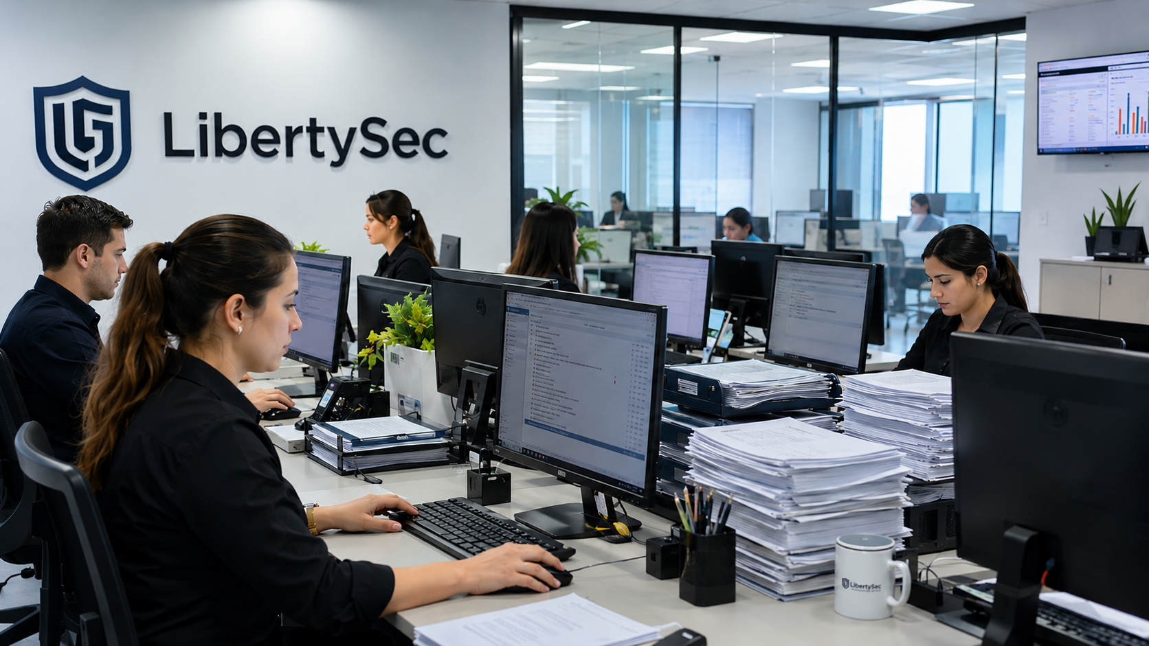 Imagem de equipe de RH ou backoffice em ambiente corporativo organizado