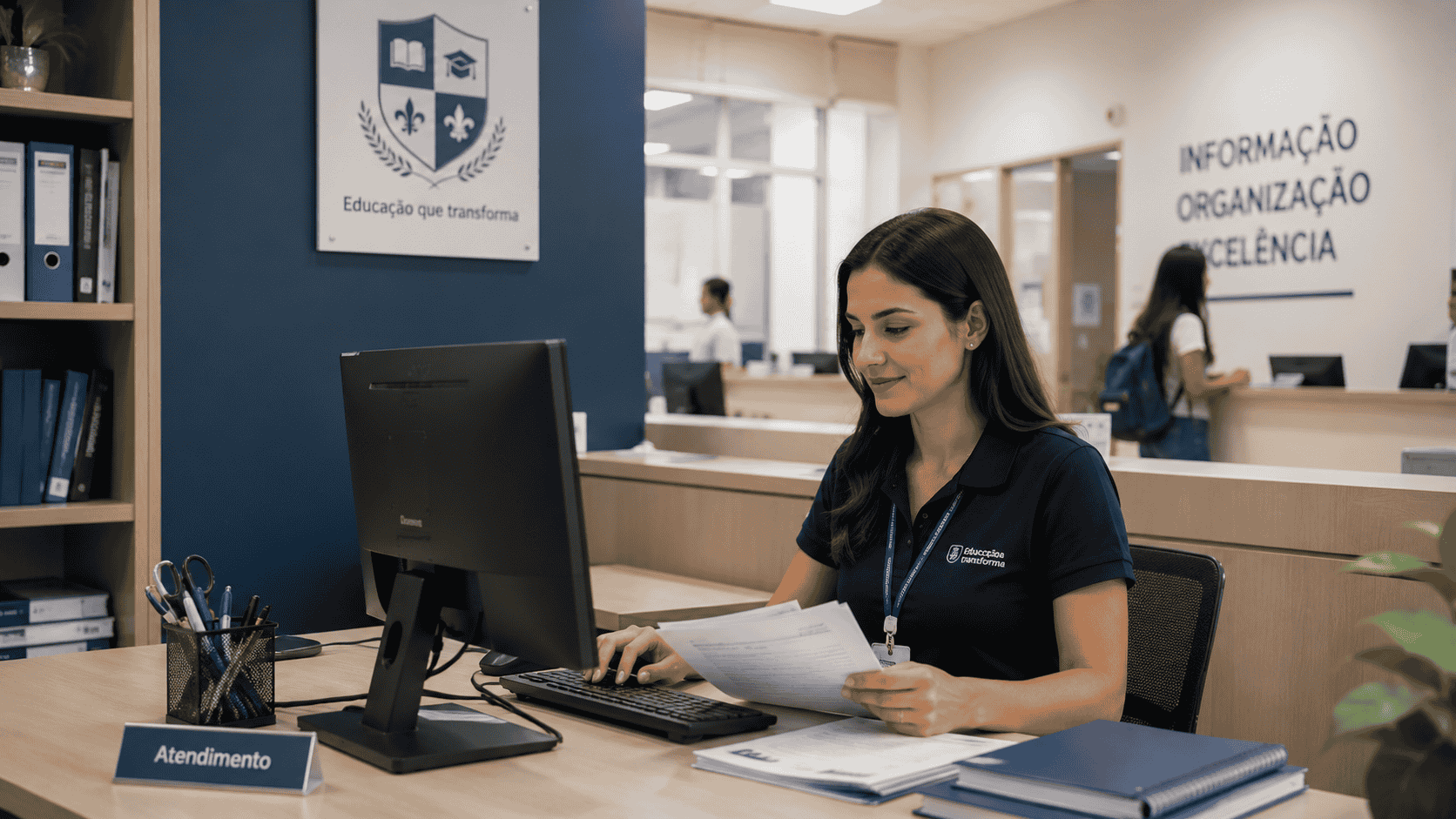Imagem de instituição de ensino com área administrativa organizada e ambiente profissional