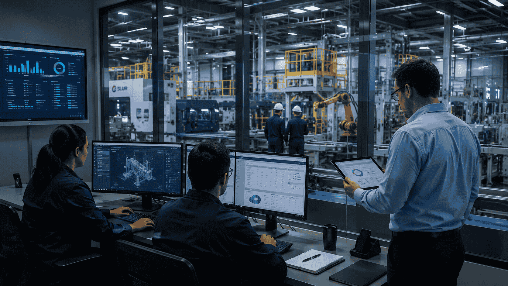 Imagem de ambiente industrial e administrativo com operação organizada