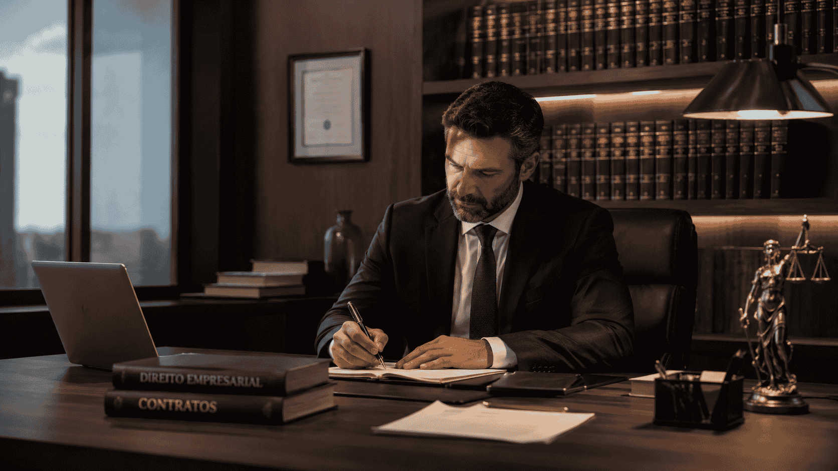 Imagem de escritório jurídico elegante com ambiente corporativo e documentos organizados
