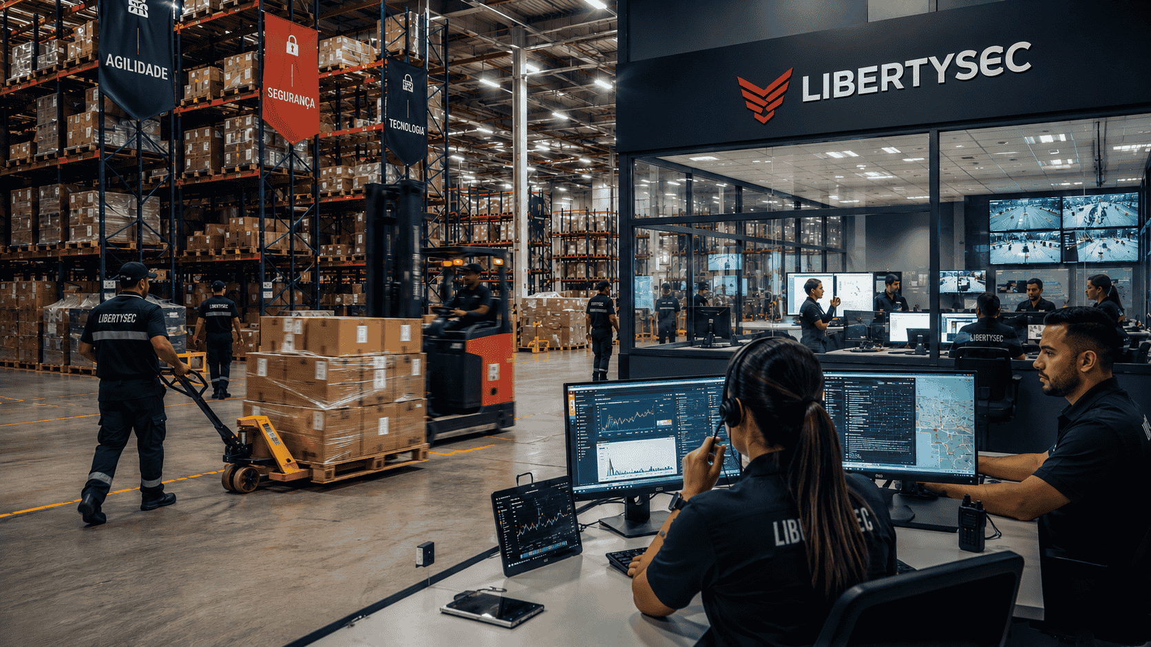 Imagem de centro logístico moderno com equipe e área operacional organizada